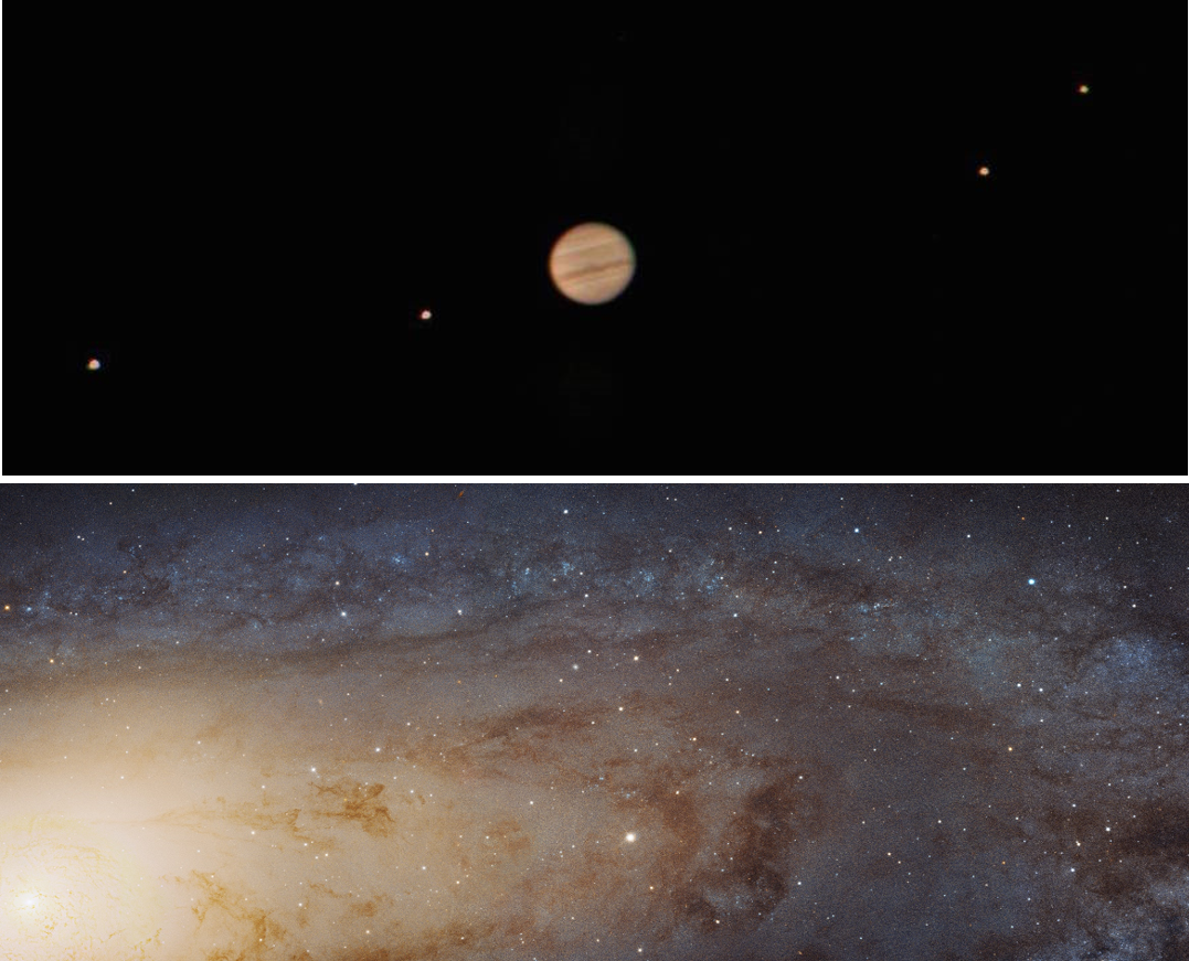 Upper: Jupiter and the 4 Galilean moons taken with an amateur telescope.
Image credit: \protect\href{https://commons.wikimedia.org/wiki/File:Jupiter-moons.jpg}.
Lower: Millions of stars in Andromeda, taken by Hubble Space Telescope
Image credit: \protect\href{https://www.nasa.gov/content/goddard/hubble-s-high-definition-panoramic-view-of-the-andromeda-galaxy}{NASA, ESA}.